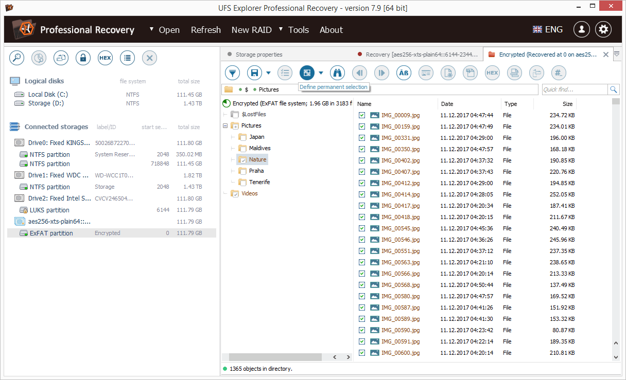 select files recovered from decrypted storage with ufs explorer professional define selection tool