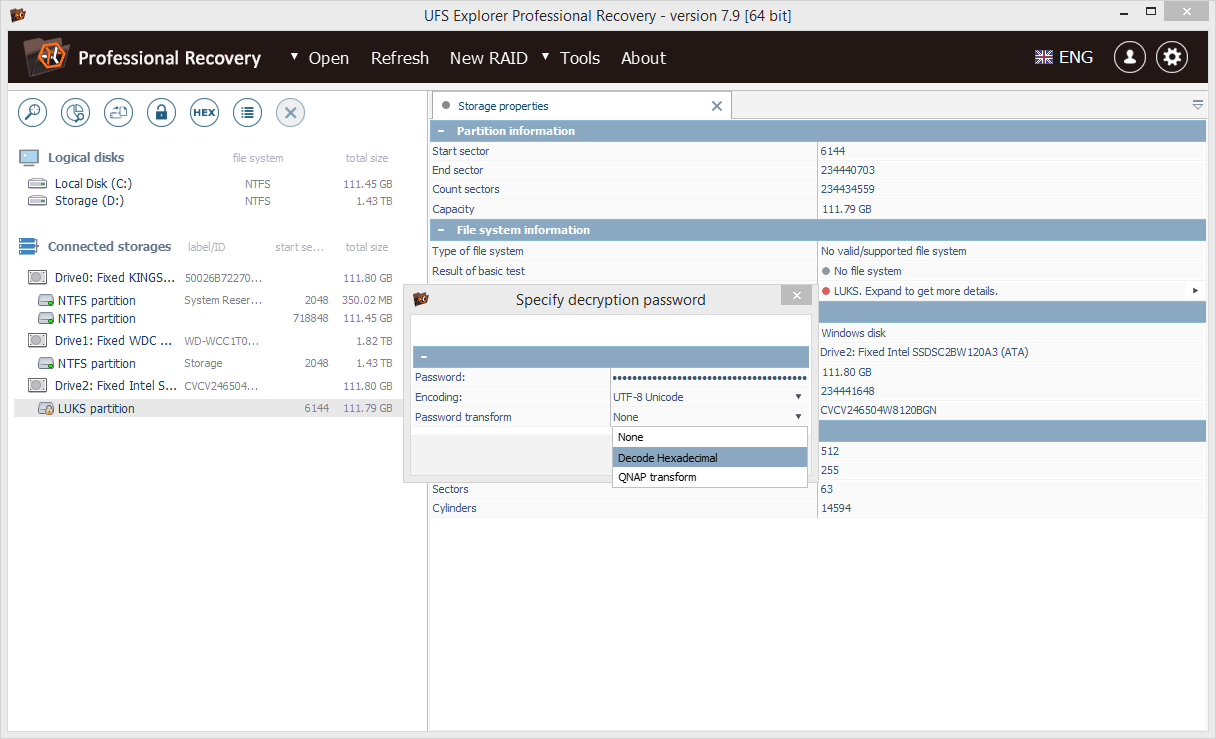 specify encrypted storage decryption password in ufs explorer professional