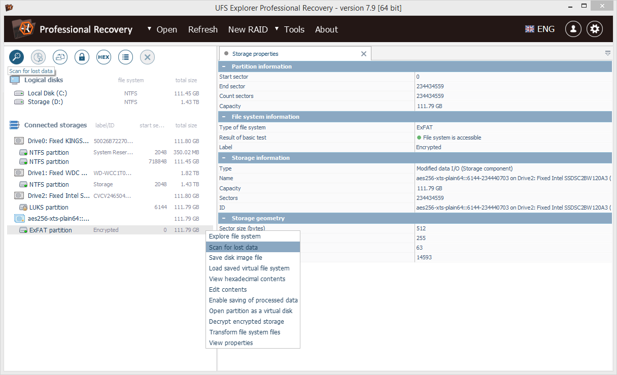 two options to start decrypted storage volume scan in ufs explorer professional