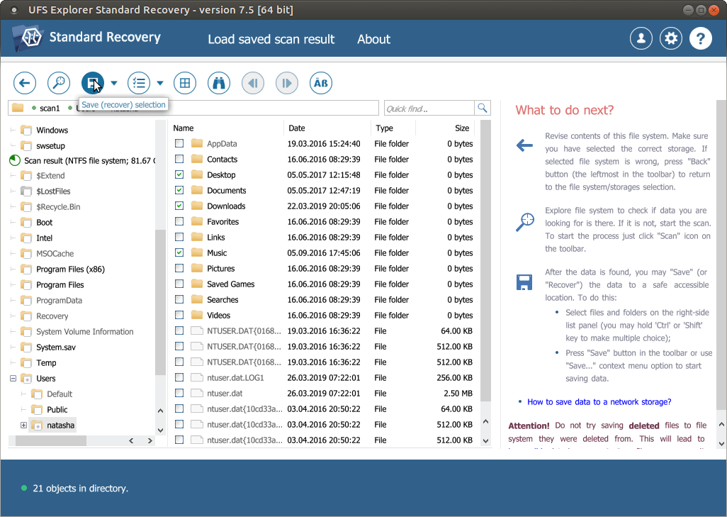 save multiple files and folders in ufs explorer standard recovery