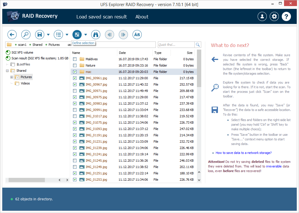 select recovered raid files with ufs explorer define selection tool