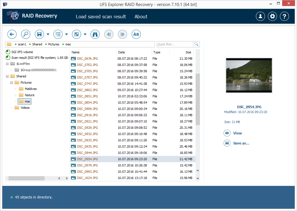 examine results of raid partition scan in ufs explorer