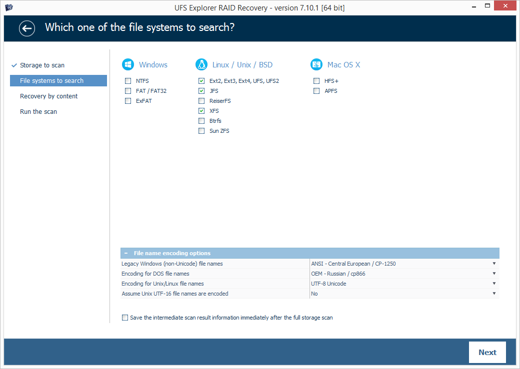 set parameters for selected raid partition scanning in ufs explorer