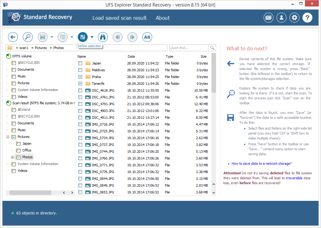 use ufs explorer define selection tool to save several files recovered from partition