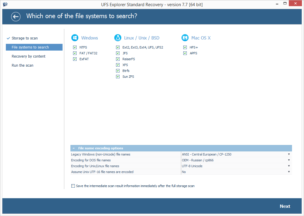 set up scanning parameters in ufs explorer standard recovery