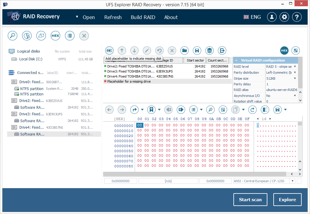 replace missing raid 6 component with placeholder in raid builder in ufs explorer raid recovery software