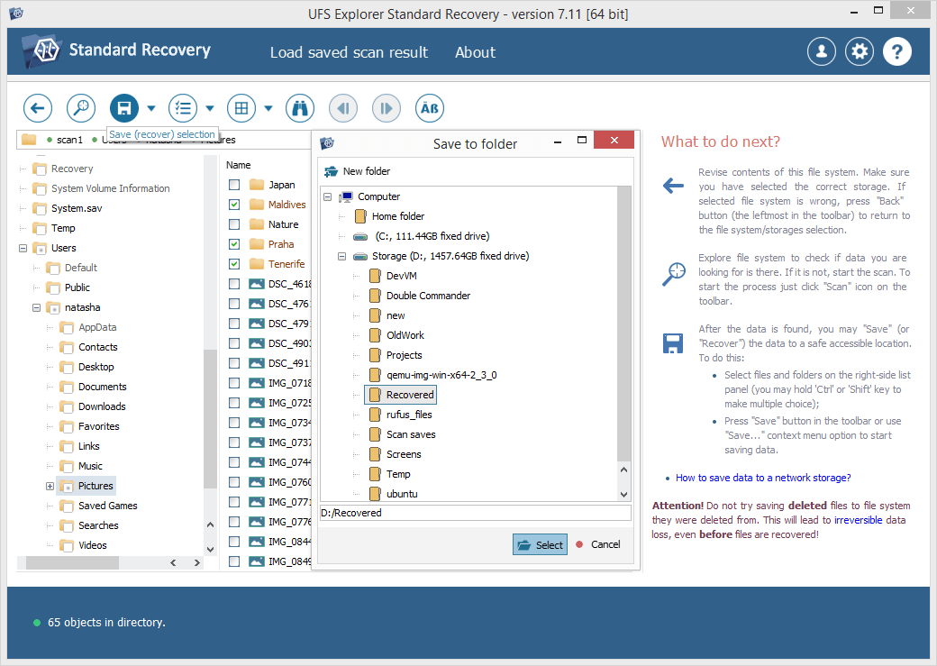 save selected recovered files with ufs explorer save selection tool
