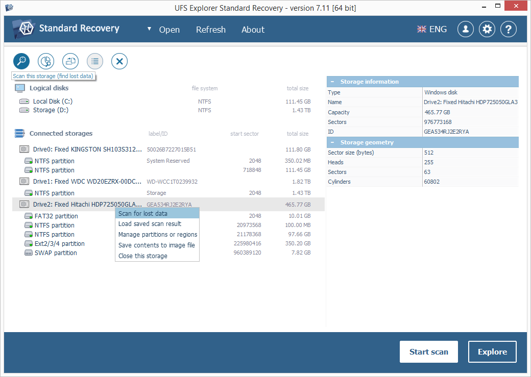 three options to start system partition scanning in ufs explorer