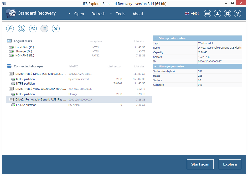 three options to start usb flash drive scanning in ufs explorer