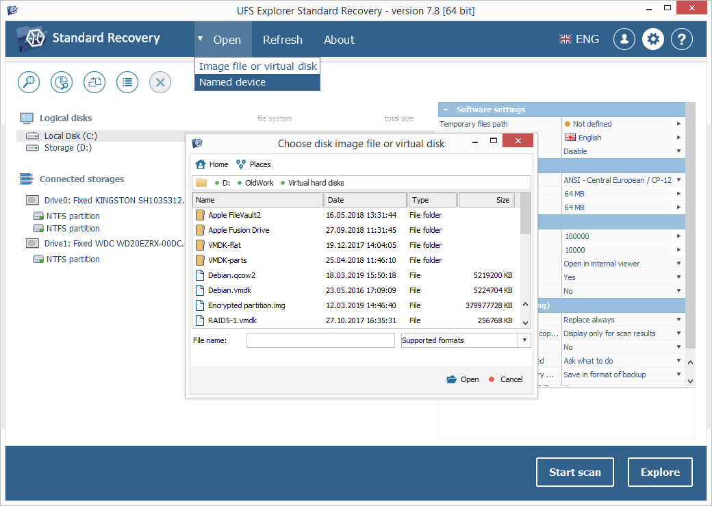 open virtual storage in ufs explorer interface