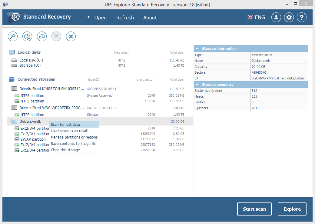 three ways to start scanning of mounted virtual storage volume in ufs explorer