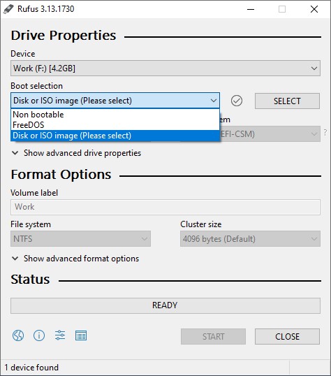 boot selection parameter configured as disk or iso image