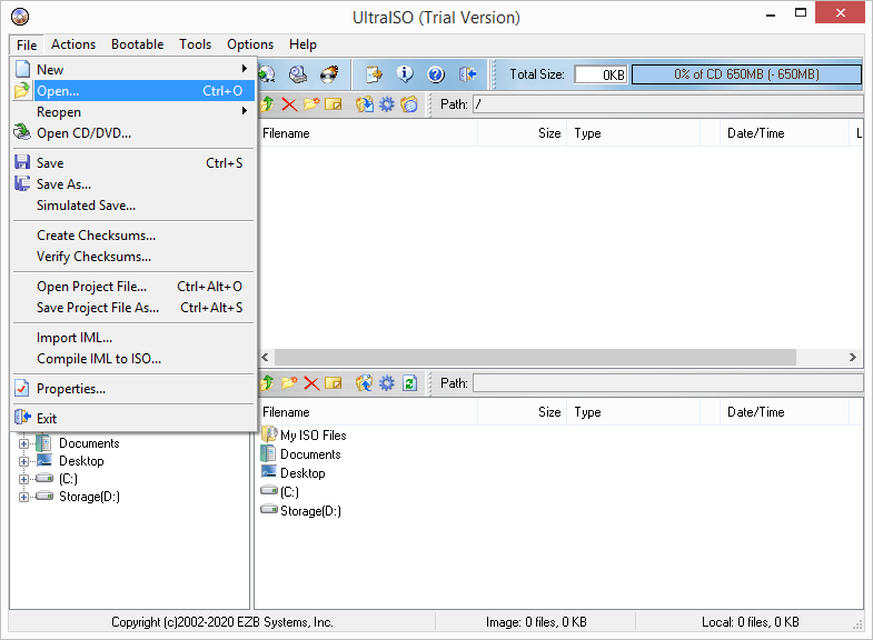 selecting open option under file tab of ultraiso main menu 