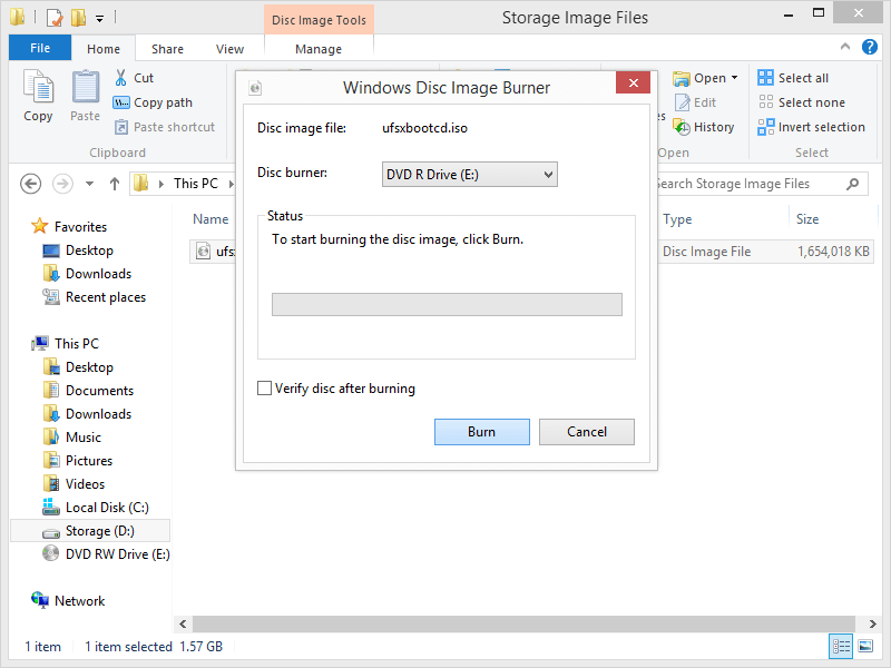 windows disk image burner dialog