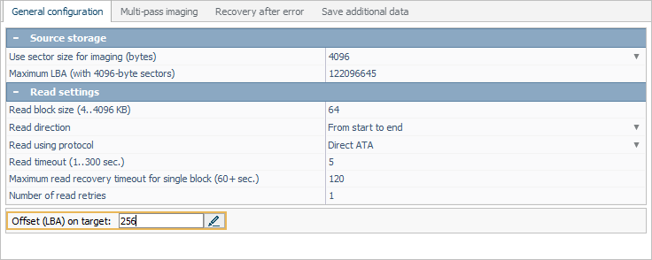 setting offset (lba) on target in disk imaging configuration window in ufs explorer program