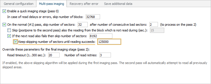 configure number of sectors to skip for third time after number of defects detected in disk imaging configuration window