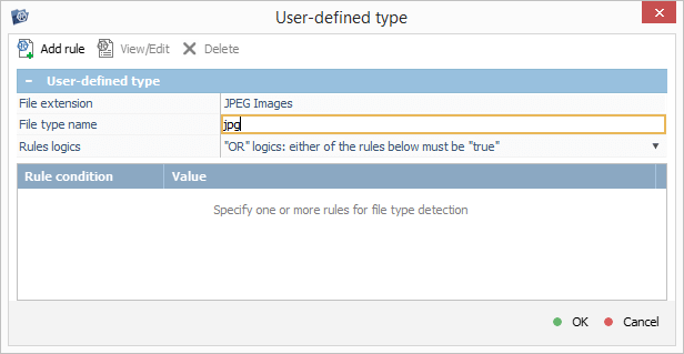 file type name field in user-defined rule configuration window in ufs explorer program