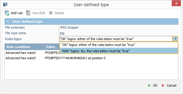 rules logics parameter in user-defined rule configuration window in ufs explorer program