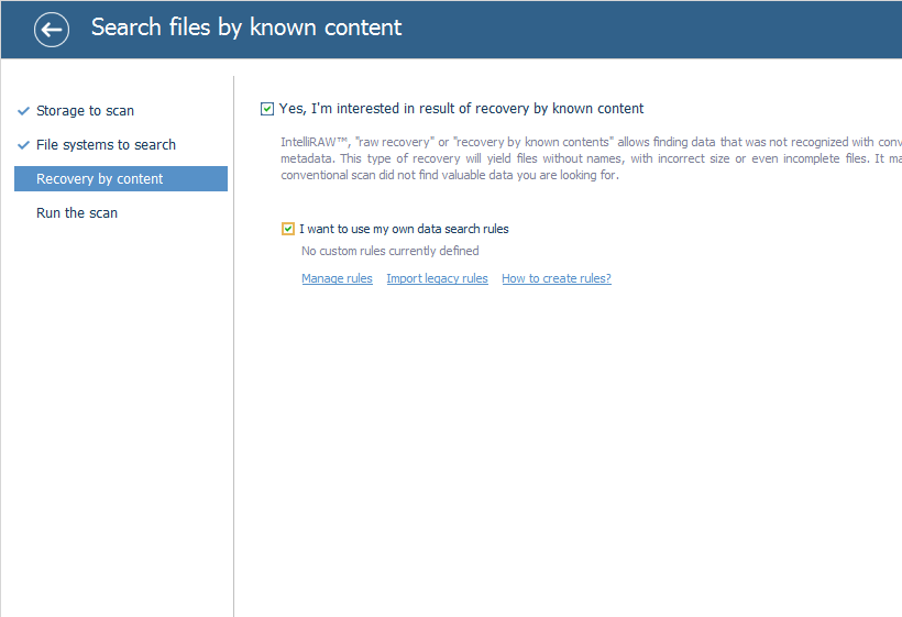 checkbox to enable custom search rules usage on step 3 of storage scan configuration in ufs explorer interface