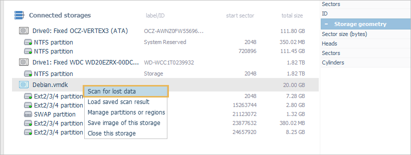 scan for lost data option in mounted virtual drive context menu in ufs explorer program interface