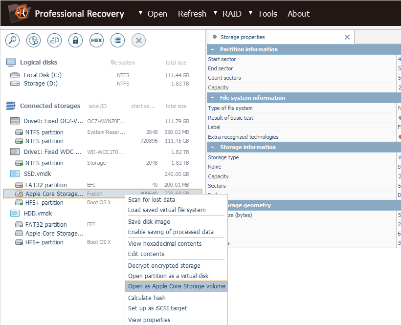 option open as apple core storage volume in storage context menu in ufs explorer professional recovery program