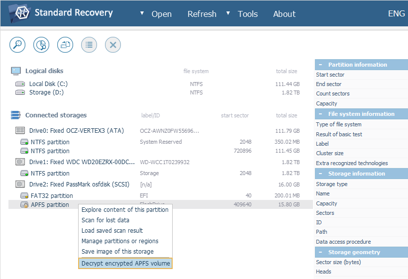 decrypt encrypted apfs volume option in context menu of partition in ufs explorer program interface