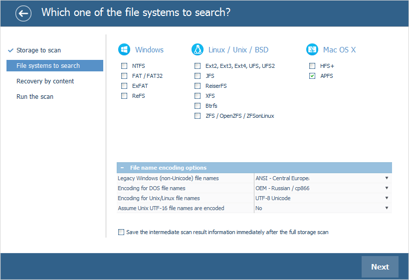 selecting apfs file system in scanning configuration dialog in ufs explorer program
