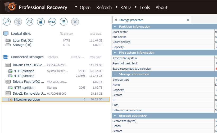 bitlocker partition selected in list of connected storages on left panel of ufs explorer professional recovery program