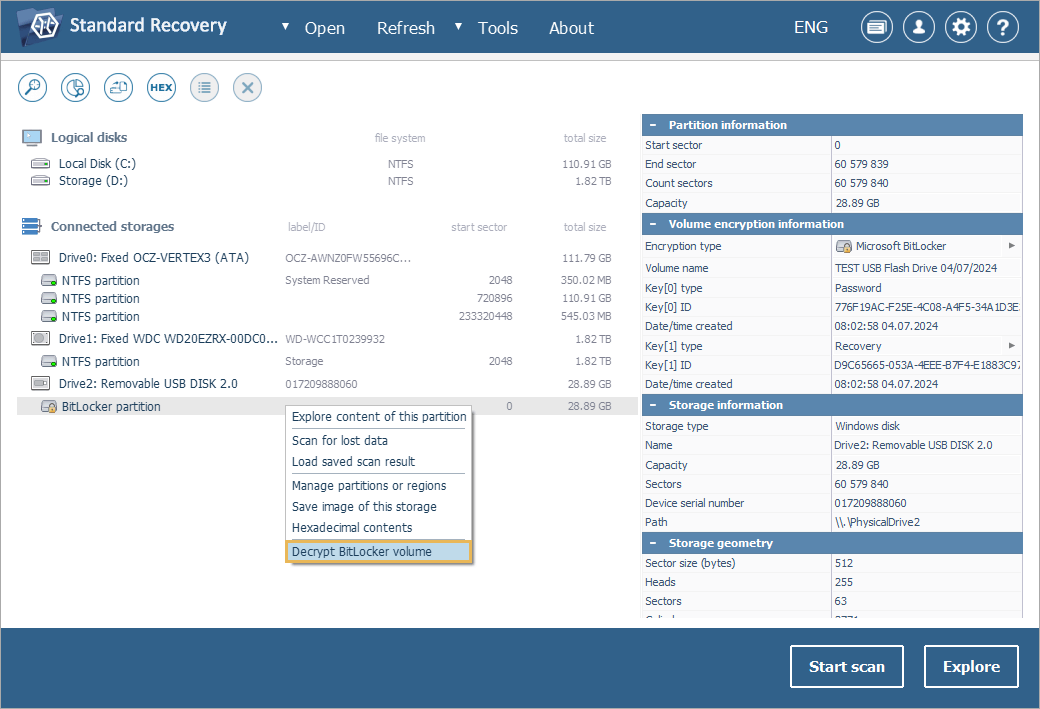 decrypt encrypted bitlocker volume option in context menu of partition in ufs explorer program interface