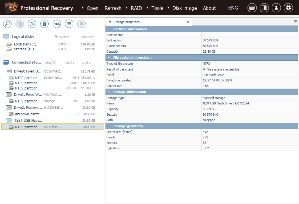 decrypted bitlocker partition in list of storages on left panel of ufs explorer professional recovery program window 