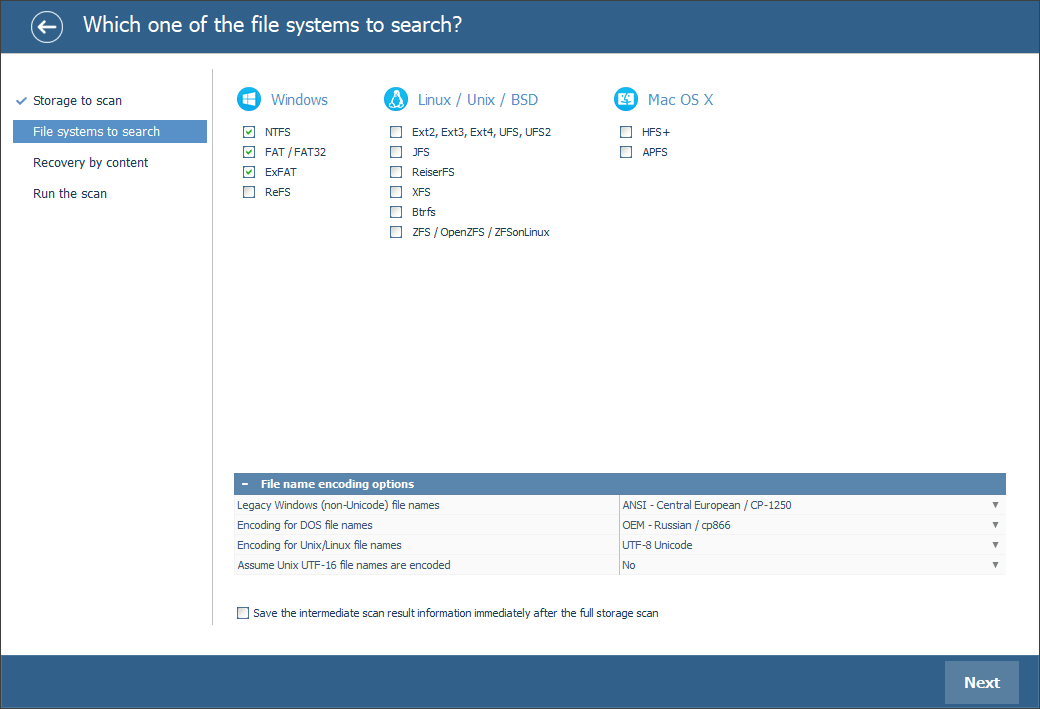 selecting ntfs file system in scanning configuration window in ufs explorer program