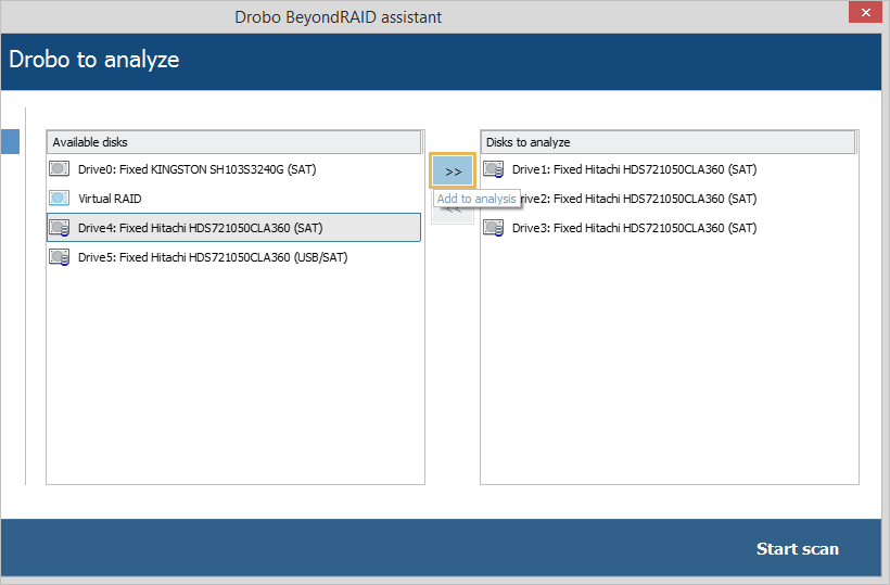 add to analysis button in drobo beyondraid assistant of ufs explorer raid recovery program