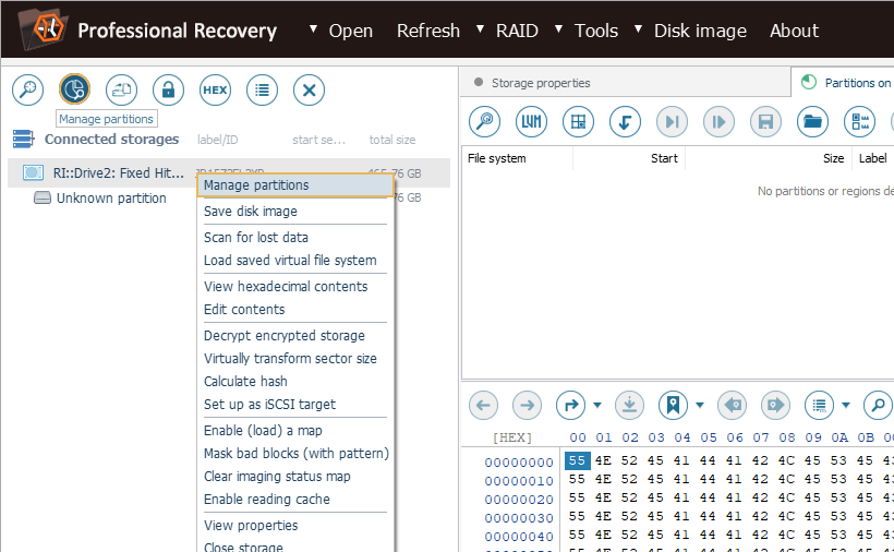 options to manage partitions in ufs explorer professional recovery program