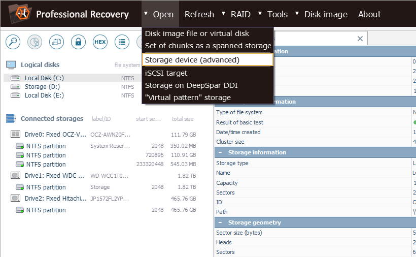 option open storage device (advanced) of main menu of ufs explorer professional recovery program