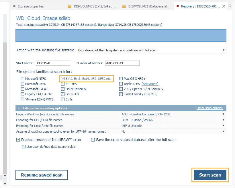 start scan button in storage scan configuration window in ufs explorer professional recovery program