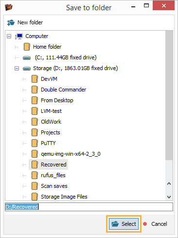 window choose target folder in ufs explorer professional recovery program