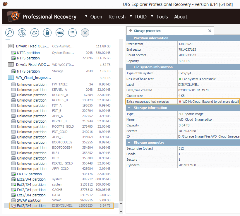 wd my cloud partition in list of connected storages in ufs explorer professional recovery program 