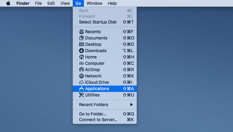 applications section in go menu of finder