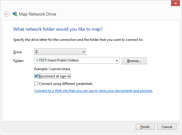 reconnect at sign-in checkbox enabled