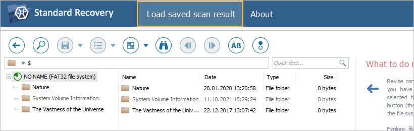 load saved scan result button in top menu of ufs explorer program interface