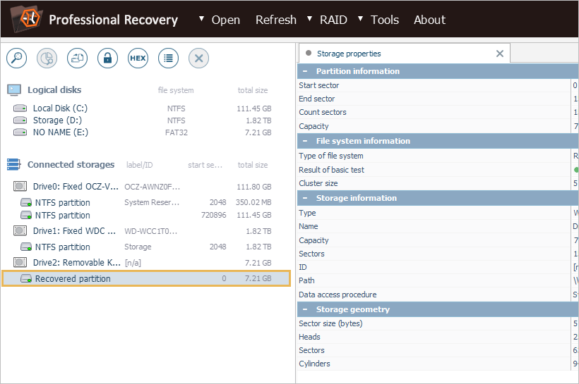 recovered partition on connected storages panel in ufs explorer professional recovery program interface