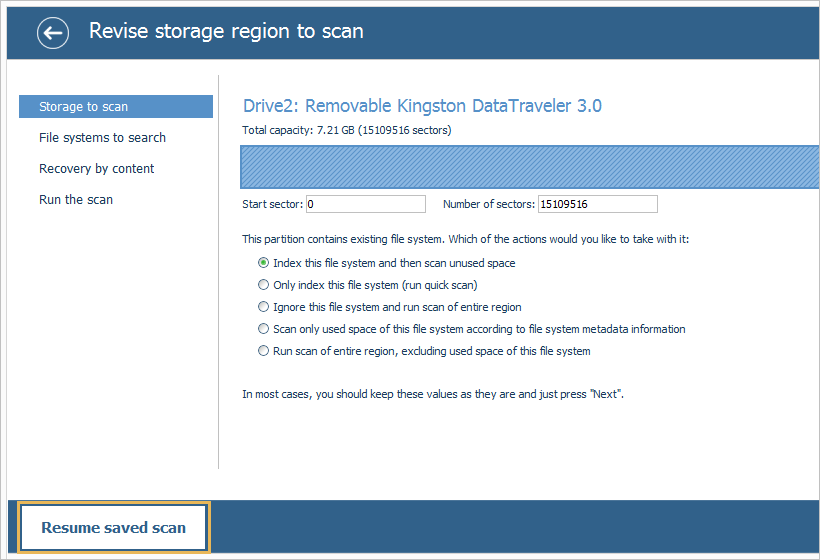 resume saved scan option in scan configuration dialog of ufs explorer program