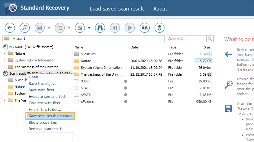 save scan result database option in drive's context menu in ufs explorer program interface