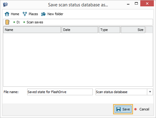 save scan status database dialog in ufs explorer program interface