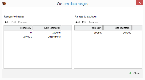 define ranges to include and exclude from disk image in ufs explorer