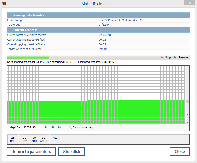 example of data imaging procedure in progress from end to start