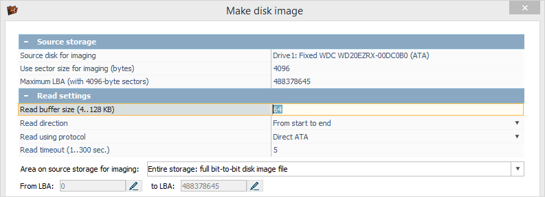setting read block size for disk imaging in ufs explorer