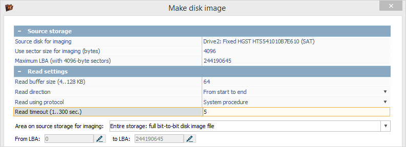 configuring read timeout for disk imaging in ufs explorer
