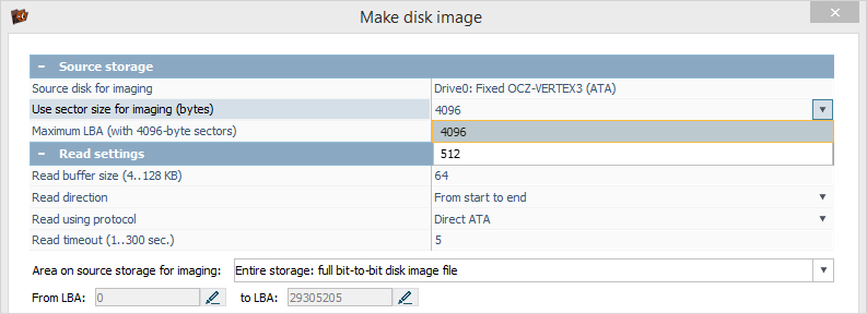 available sector sizes for imaging in ufs explorer