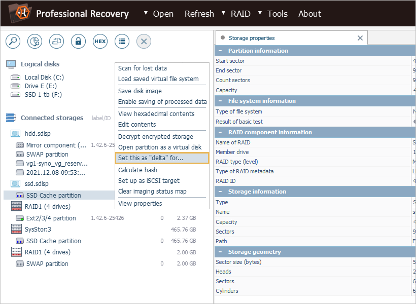 set ssd cache partition as delta in ufs explorer